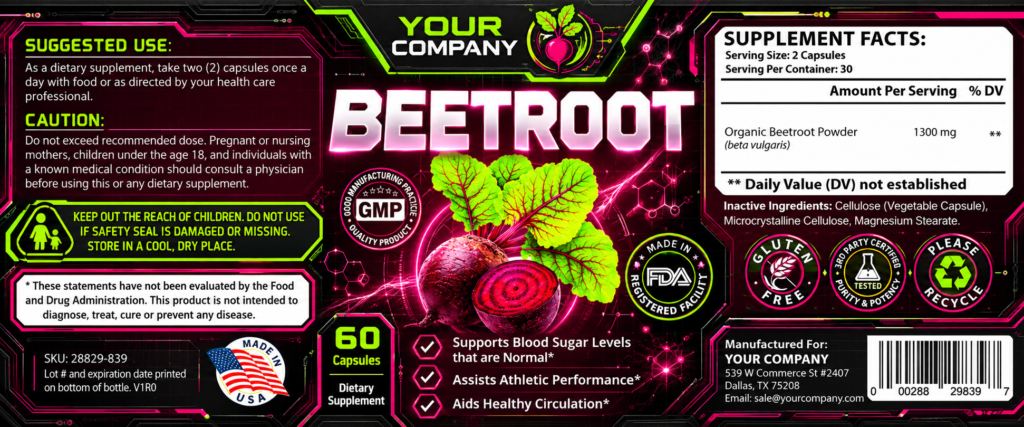 Beetroot supplement label – Futuristic & Neon Design