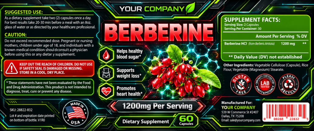Berberine Supplement Label – Futuristic & Neon Design