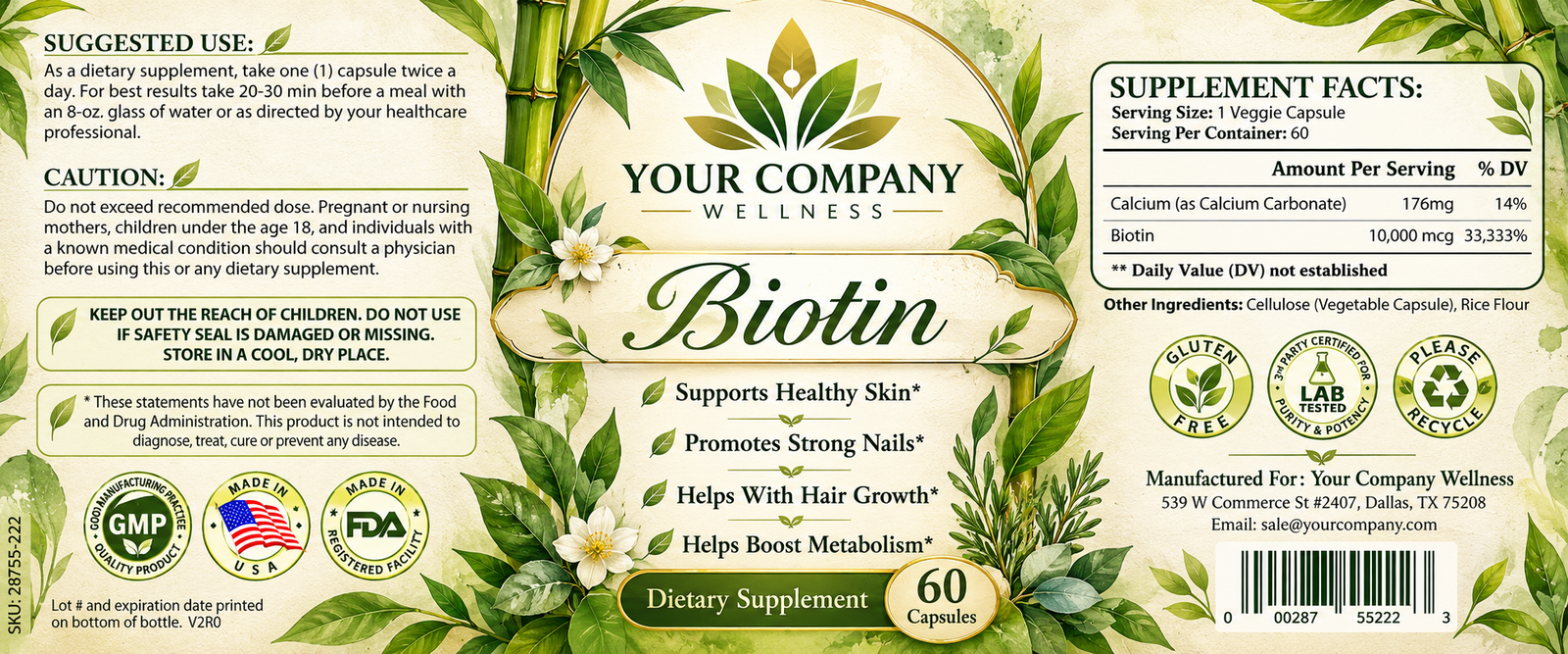 Biotin Pure Skin Care Label – Botanical & Natural Design