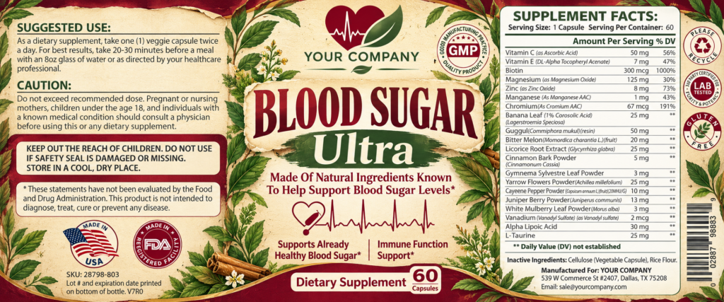 Blood Sugar Ultra Supplement Label – Botanical & Natural Design