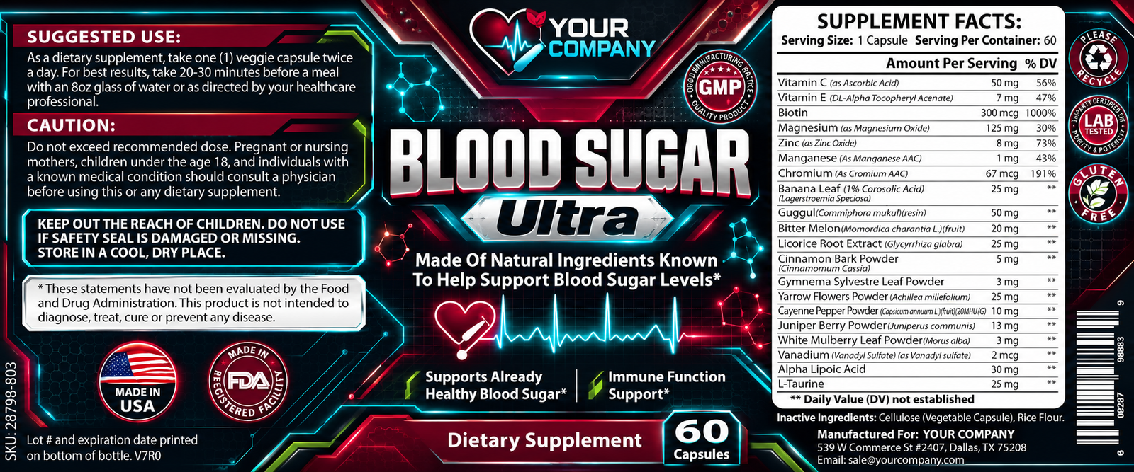 Blood Sugar Ultra Supplement Label – Futuristic & Neon Design