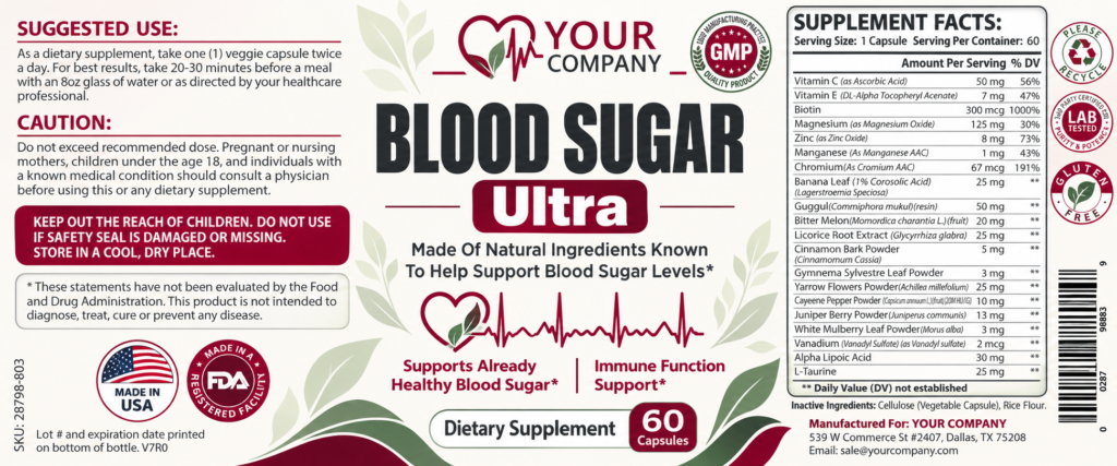 Blood Sugar Ultra Supplement Label – Modern & Clean Design