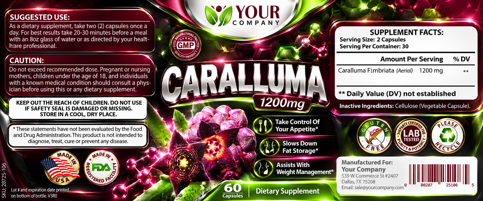 Caralluma Supplement Label – Futuristic & Neon Design
