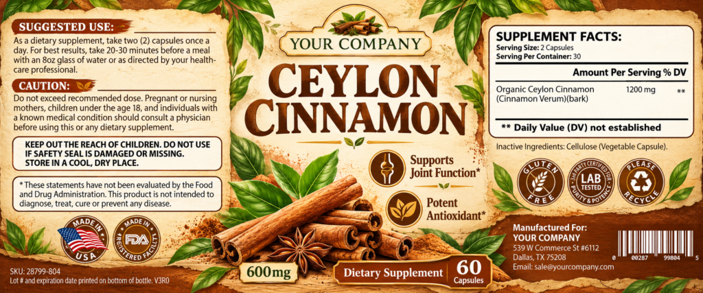 Ceylon Cinnamon Supplement Label – Botanical & Natural Design