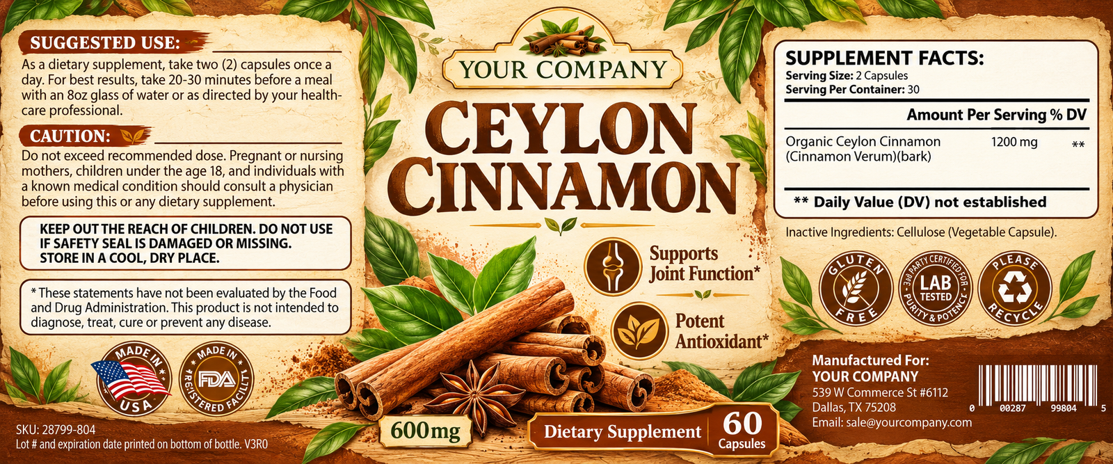 Ceylon Cinnamon Supplement Label – Botanical & Natural Design