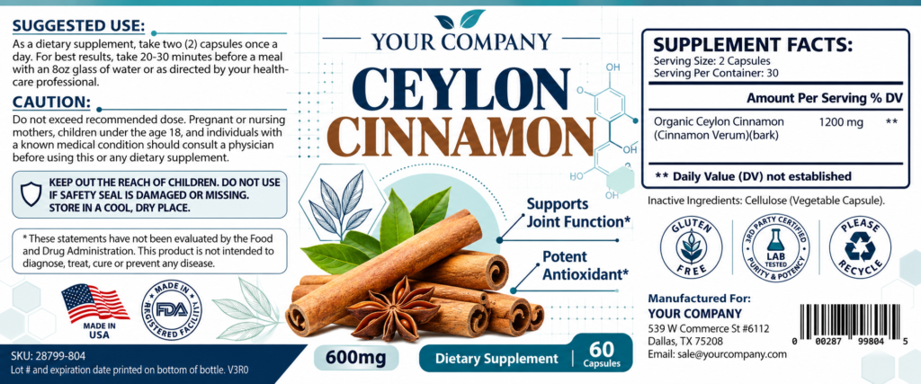 Ceylon Cinnamon Supplement Label – Classic & Elegant Design
