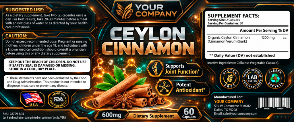 Ceylon Cinnamon Supplement Label – Futuristic & Neon Design