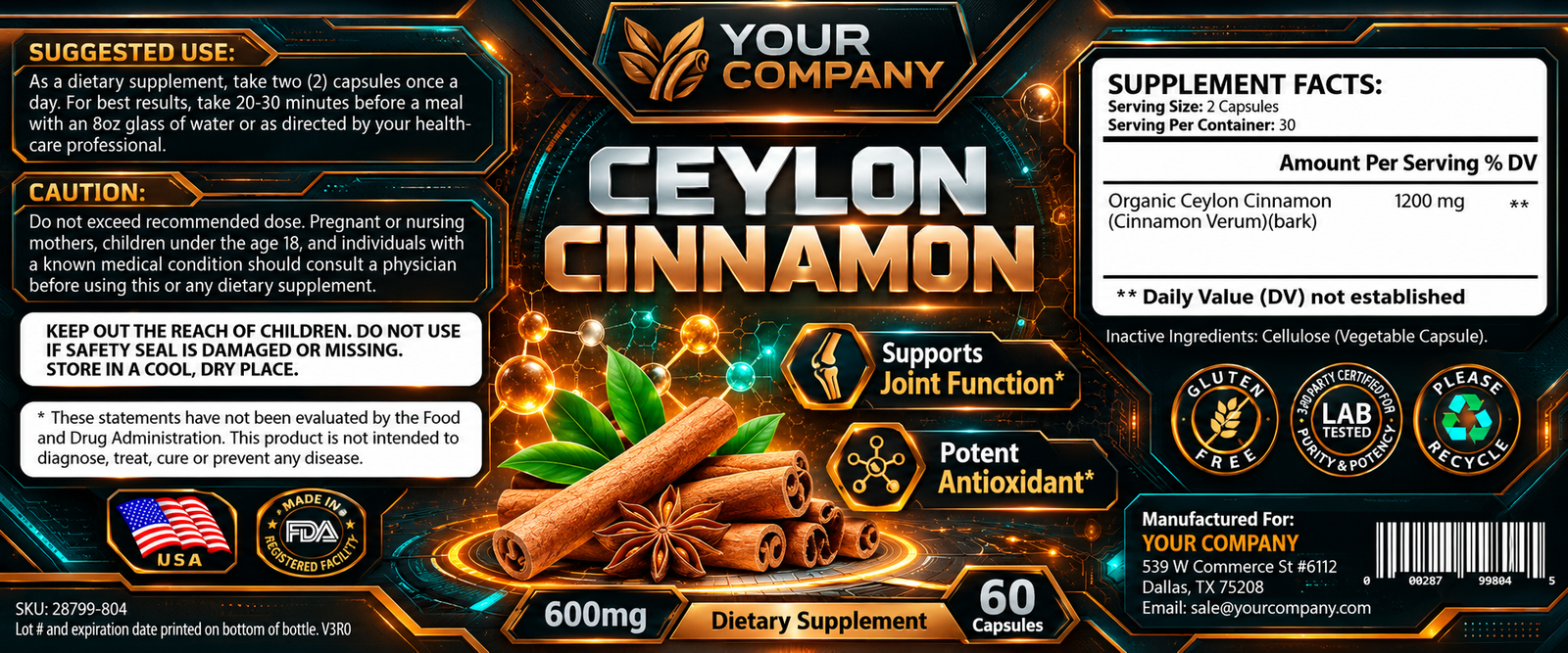 Ceylon Cinnamon Supplement Label – Futuristic & Neon Design