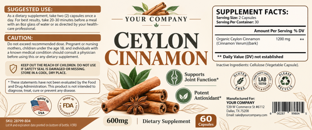 Ceylon Cinnamon Supplement Label – Modern & Clean Design