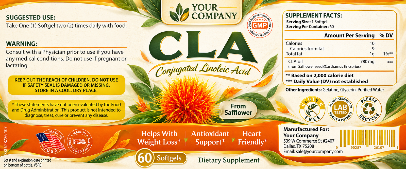 CLA Softgel Supplement Label – Botanical & Natural Design