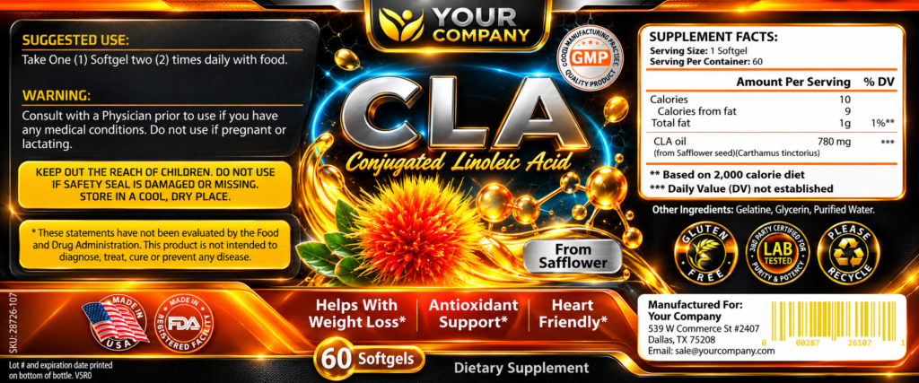 CLA Softgel Supplement Label – Futuristic & Neon Design