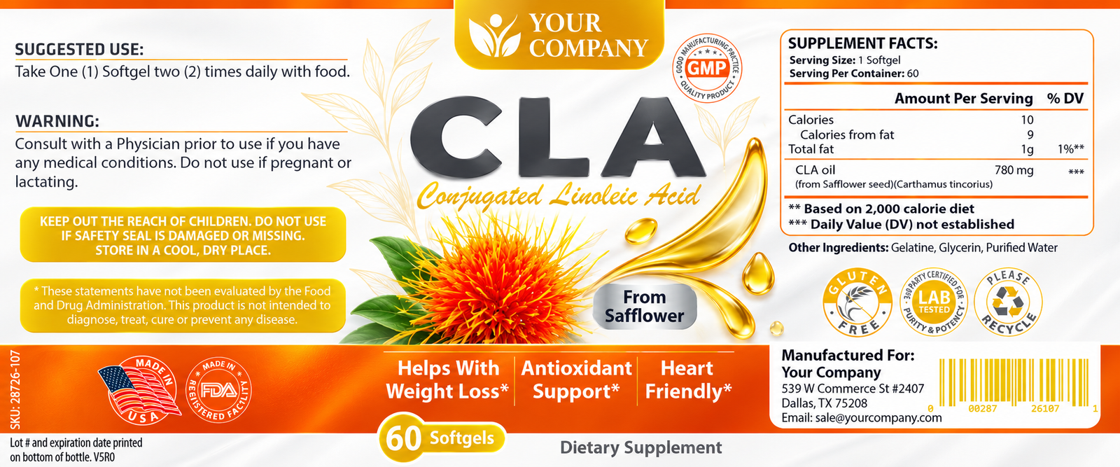 CLA Softgel Supplement Label – Modern & Clean Design