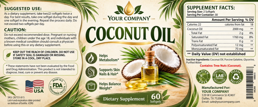 Coconut Oil Supplement Label – Botanical & Natural Design
