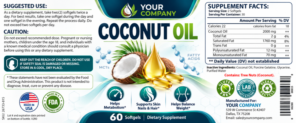 Coconut Oil Supplement Label – Classic & Elegant Design