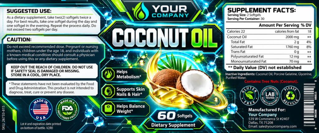 Coconut Oil Supplement Label – Futuristic & Neon Design
