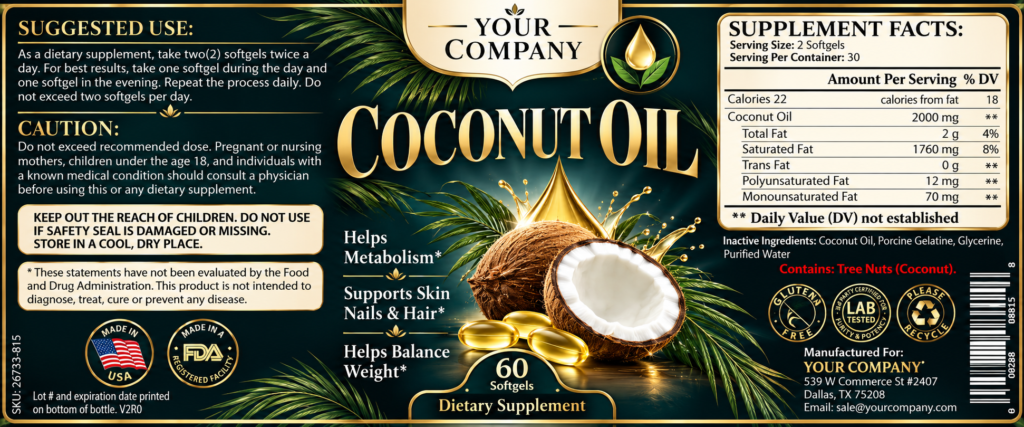 Coconut Oil Supplement Label – Luxury & Premium Design