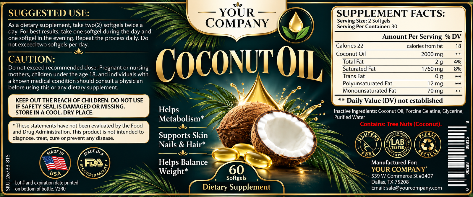 Coconut Oil Supplement Label – Luxury & Premium Design