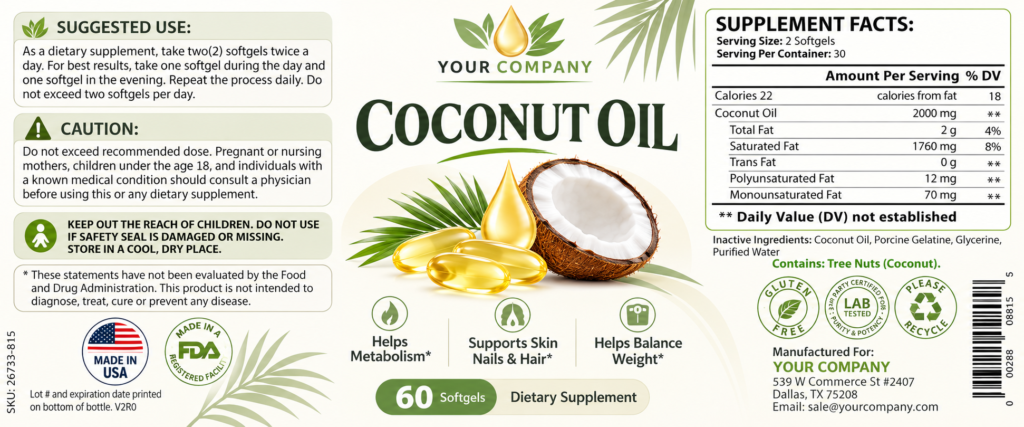 Coconut Oil Supplement Label – Modern & Clean Design