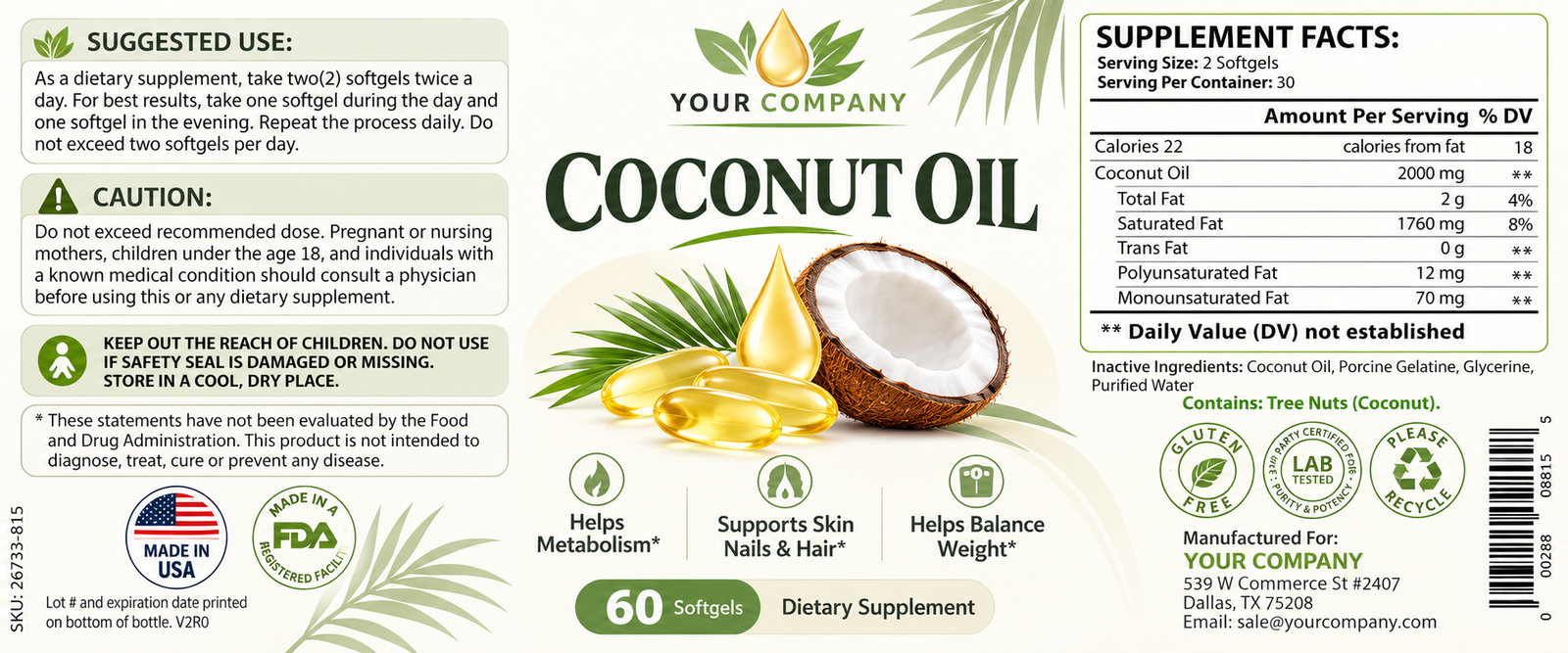 Coconut Oil Supplement Label – Modern & Clean Design