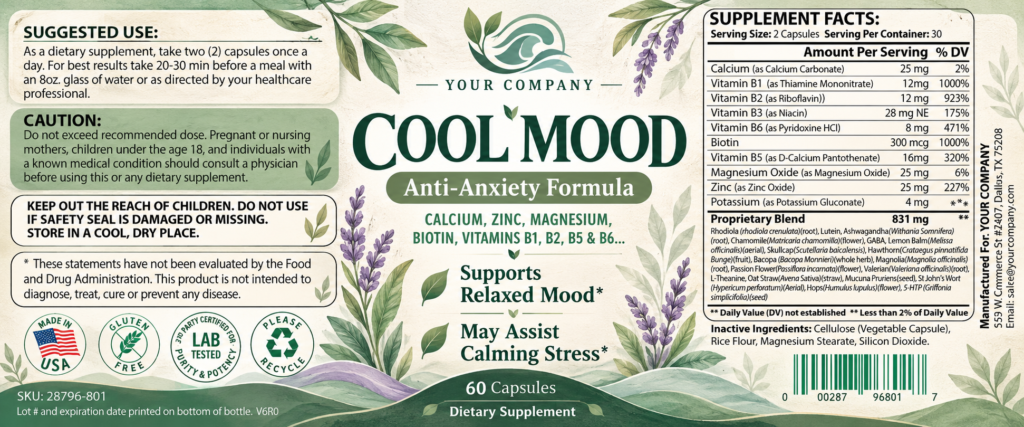 Cool Mood Supplement Label – Botanical & Natural Design