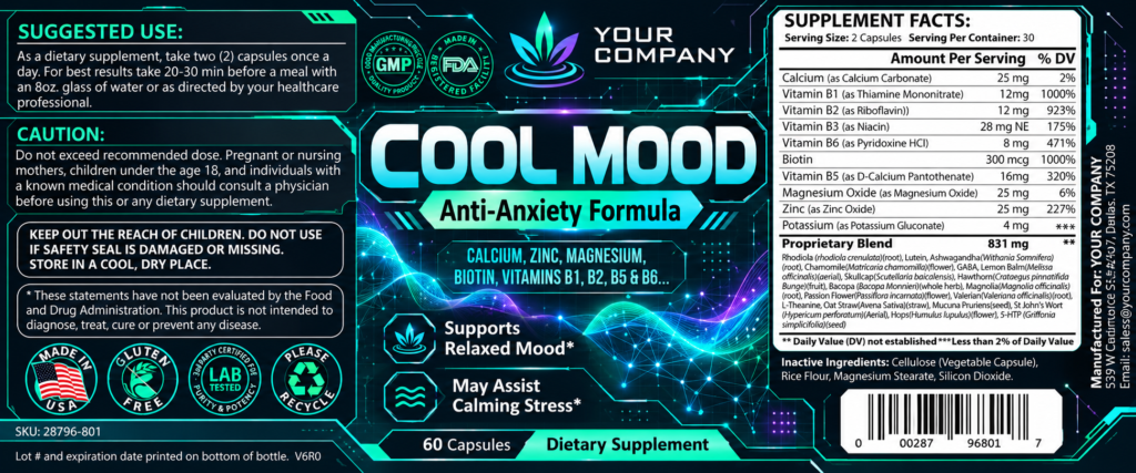 Cool Mood Supplement Label – Futuristic & Neon Design