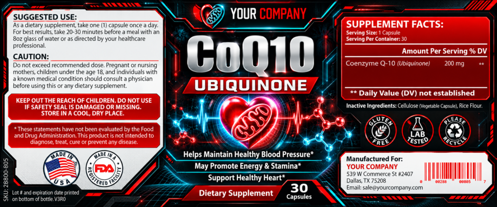 CoQ10 Supplement Label – Futuristic & Neon Design