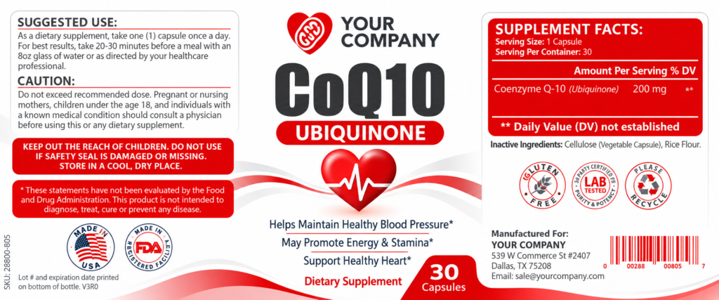 CoQ10 Supplement Label – Modern & Clean Design