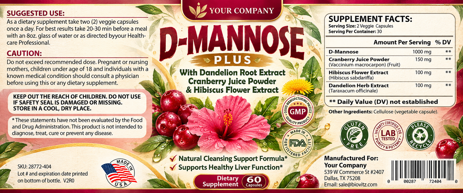 D-Mannose Plus Supplement Label – Botanical & Natural Design