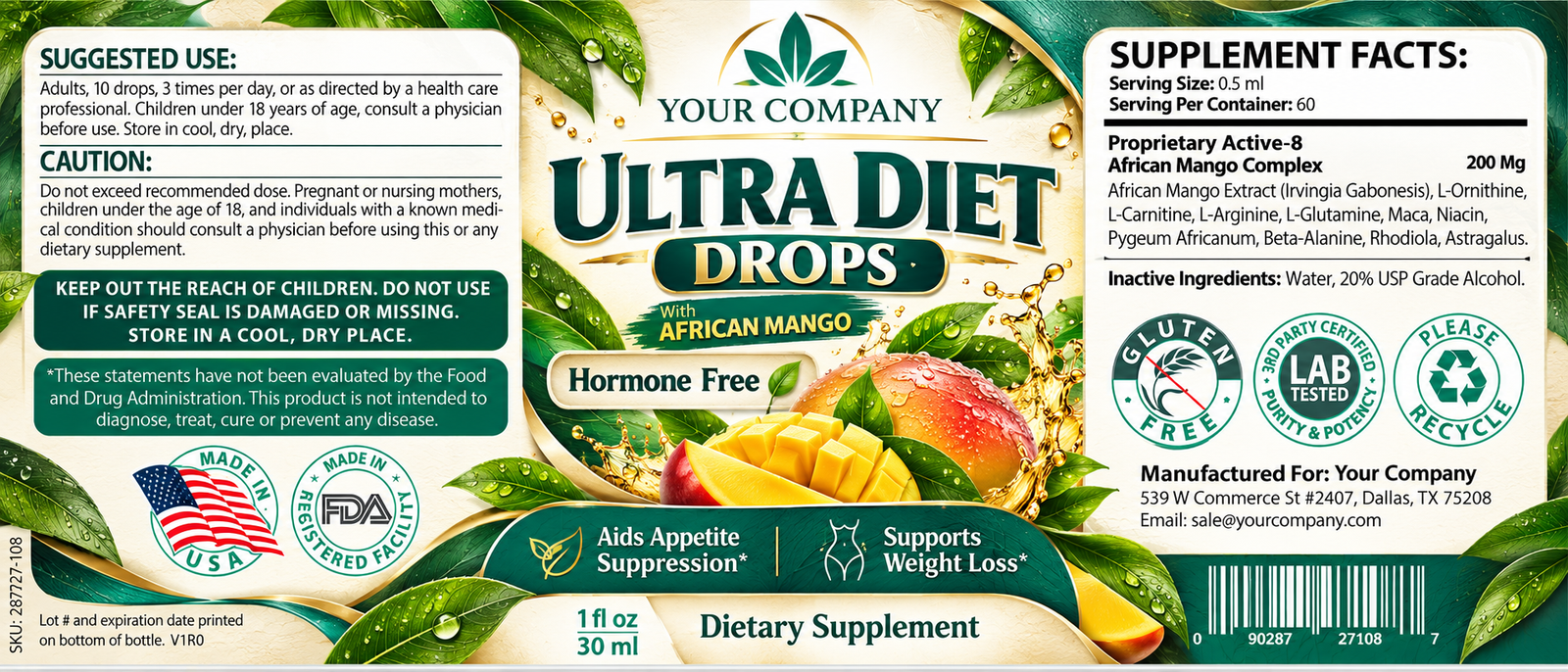 Diet Drops Ultra 1oz Supplement Label – Botanical & Natural Design