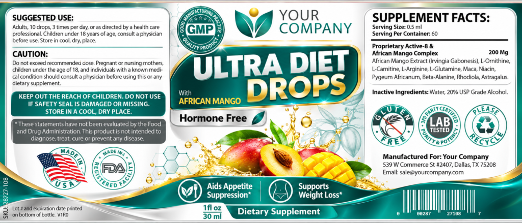 Diet Drops Ultra 1oz Supplement Label – Classic & Elegant Design