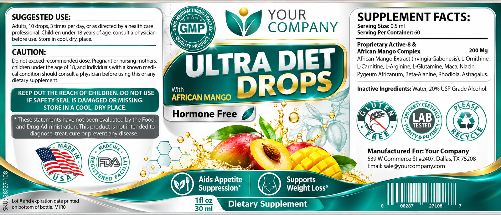 Diet Drops Ultra 1oz Supplement Label – Classic & Elegant Design