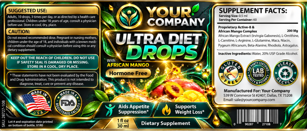 Diet Drops Ultra 1oz Supplement Label – Futuristic & Neon Design