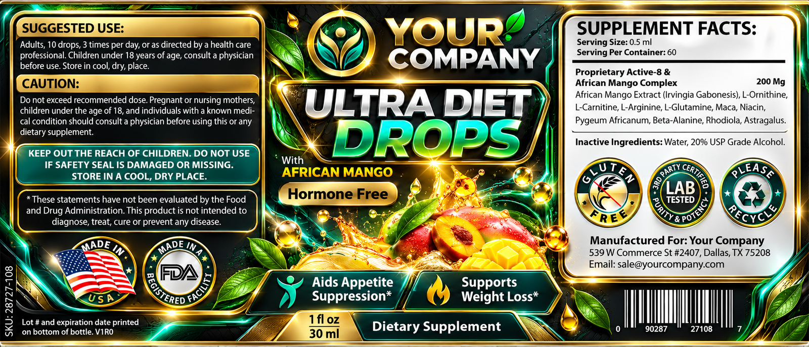 Diet Drops Ultra 1oz Supplement Label – Futuristic & Neon Design