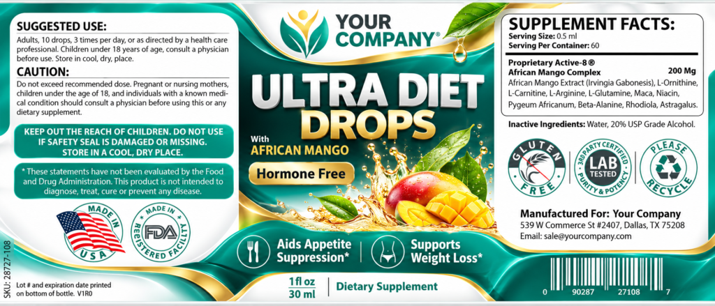 Diet Drops Ultra 1oz Supplement Label – Modern & Clean Design