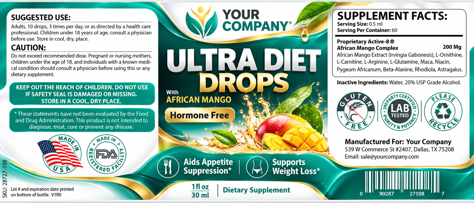 Diet Drops Ultra 1oz Supplement Label – Modern & Clean Design