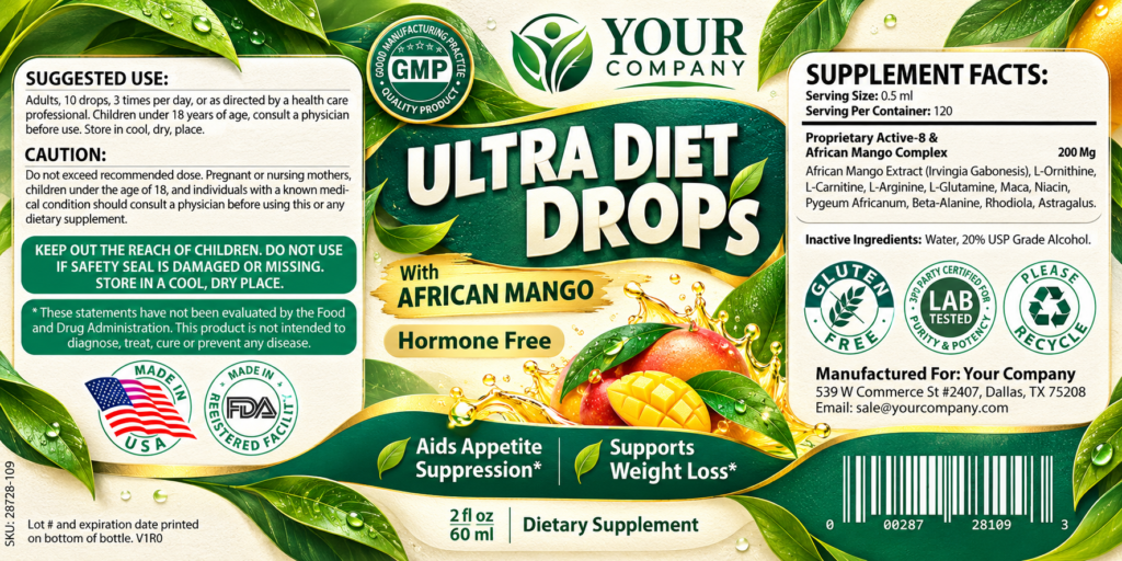 Diet Drops Ultra 2oz Supplement Label – Botanical & Natural Design