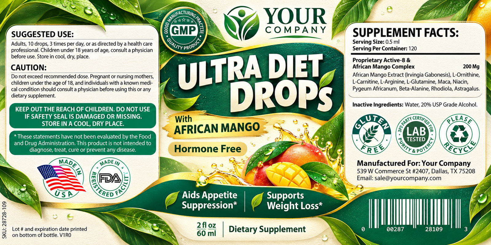 Diet Drops Ultra 2oz Supplement Label – Botanical & Natural Design