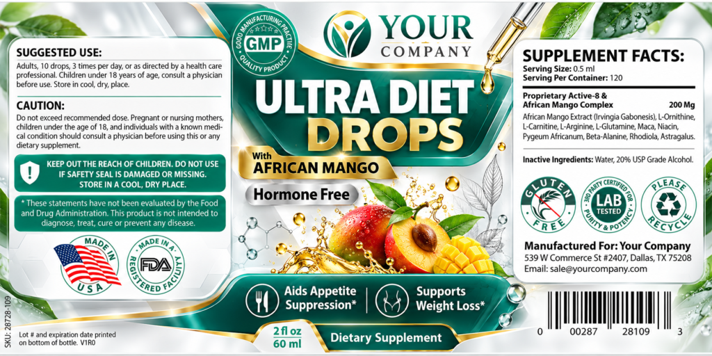 Diet Drops Ultra 2oz Supplement Label – Classic & Elegant Design