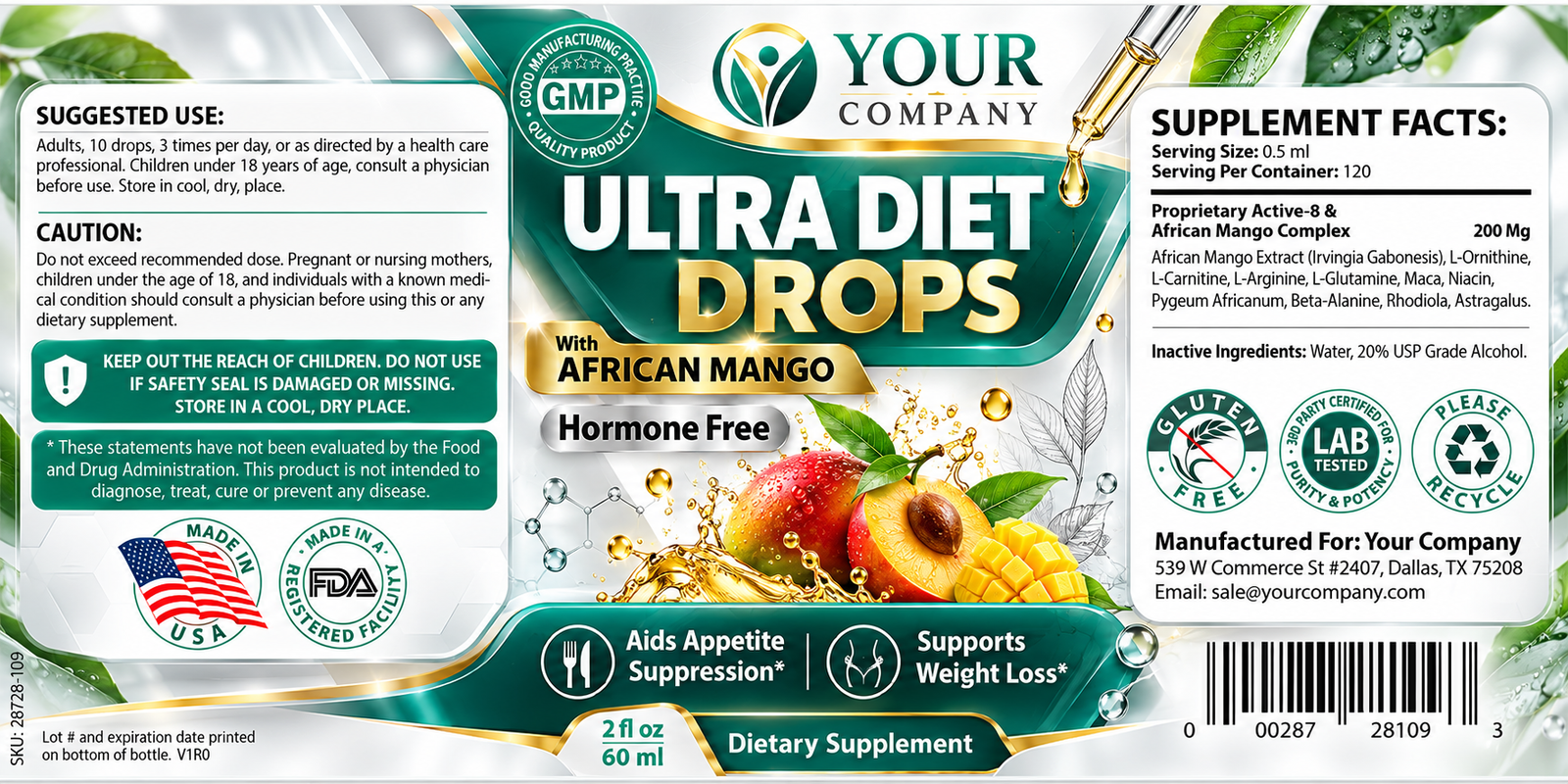 Diet Drops Ultra 2oz Supplement Label – Classic & Elegant Design