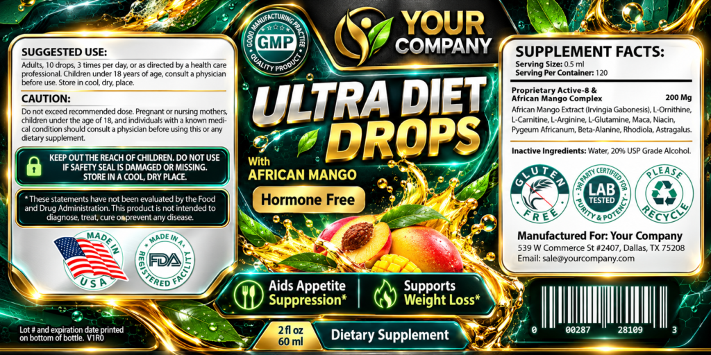 Diet Drops Ultra 2oz Supplement Label – Futuristic & Neon Design