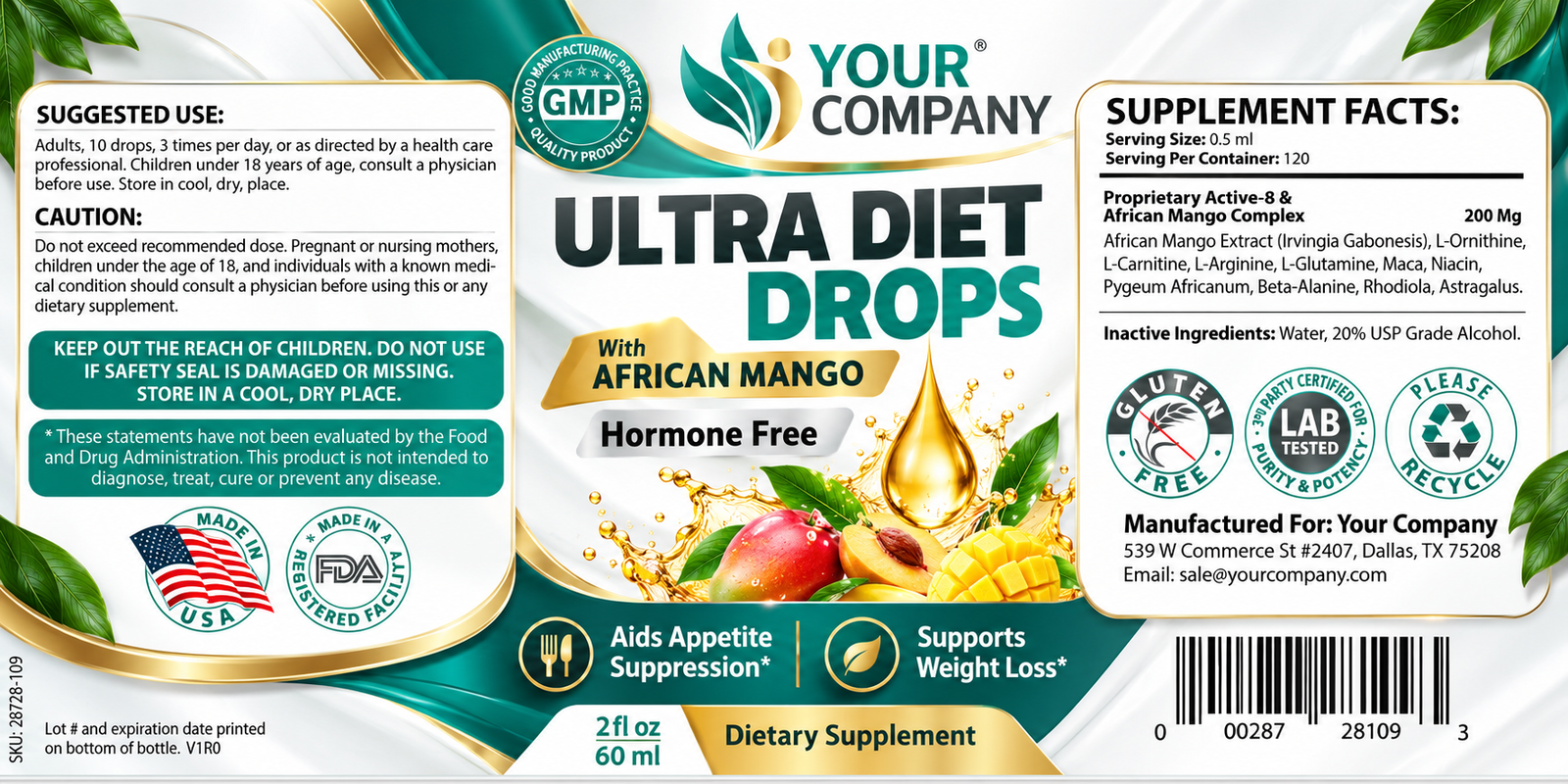 Diet Drops Ultra 2oz Supplement Label – Modern & Clean Design