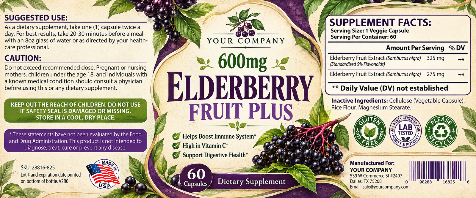 Elderberry Supplement Label – Botanical & Natural Design