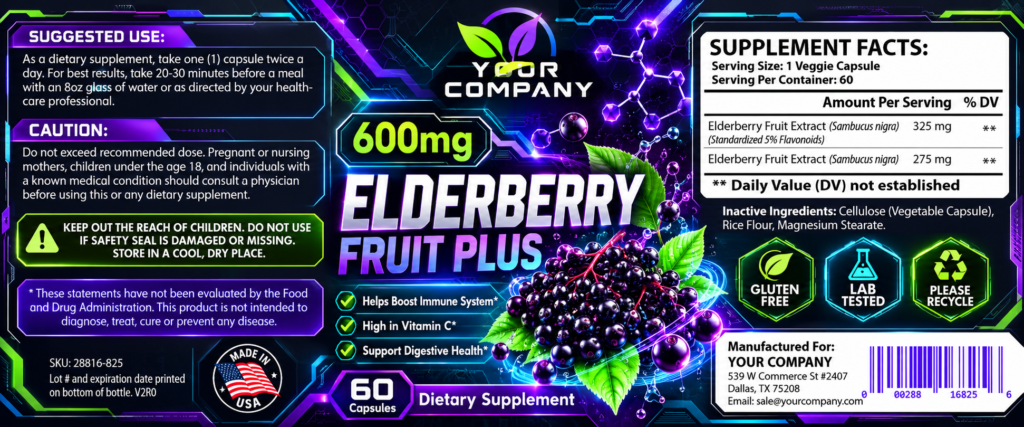 Elderberry Supplement Label – Futuristic & Neon Design