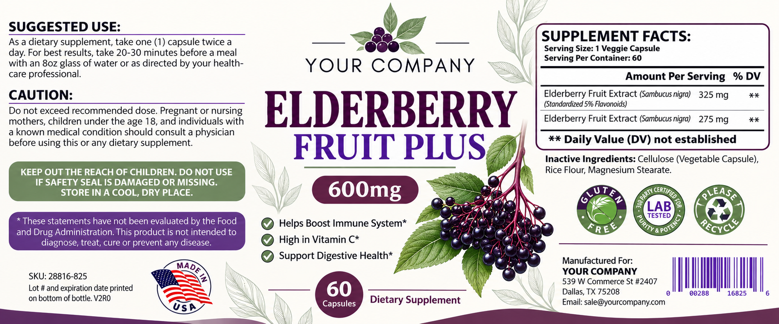 Elderberry Supplement Label – Modern & Clean Design