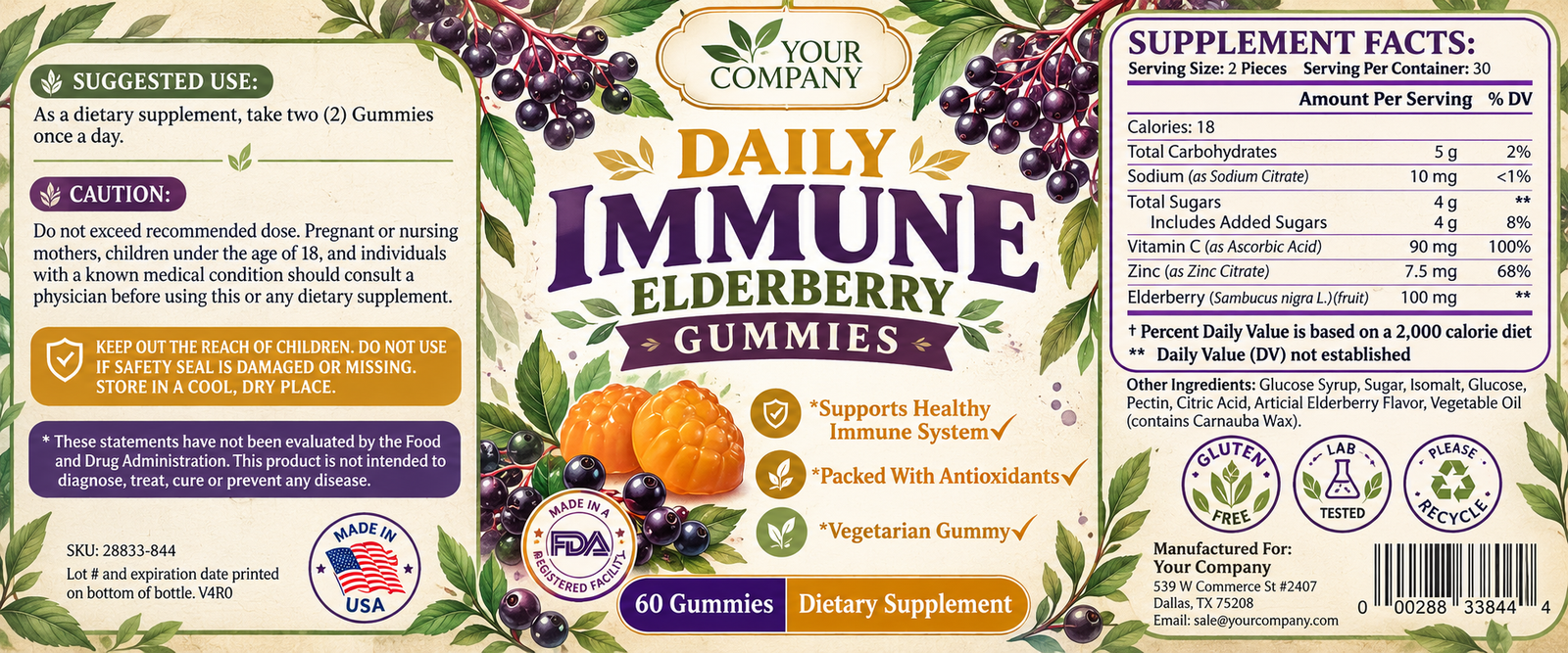 Elderberry Gummies Supplement Label – Botanical & Natural Design