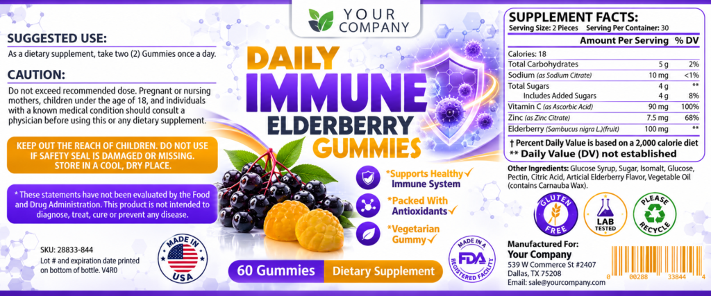 Elderberry Gummies Supplement Label – Classic & Elegant Design