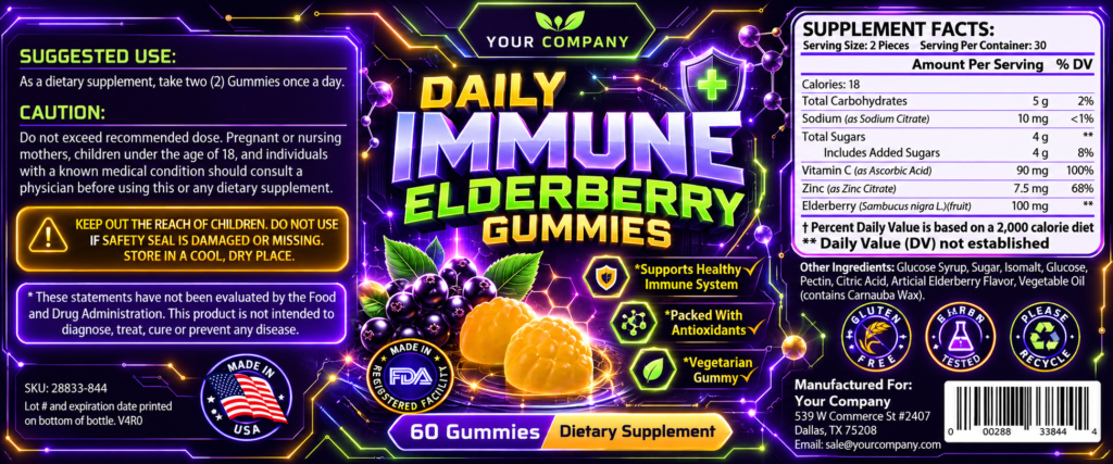 Elderberry Gummies Supplement Label – Futuristic & Neon Design