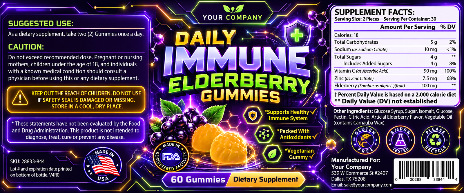 Elderberry Gummies Supplement Label – Futuristic & Neon Design