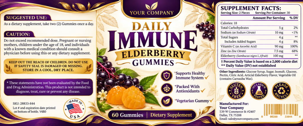 Elderberry Gummies Supplement Label – Luxury & Premium Design