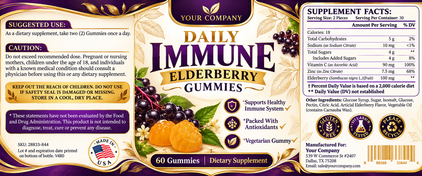 Elderberry Gummies Supplement Label – Luxury & Premium Design